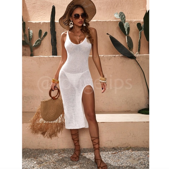 White Knit Backless Coverup for Beach, Midi Length Tie Back Leg Slit - Picture 6 of 11